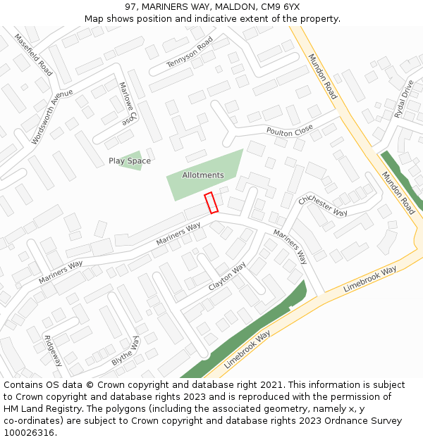 97, MARINERS WAY, MALDON, CM9 6YX: Location map and indicative extent of plot