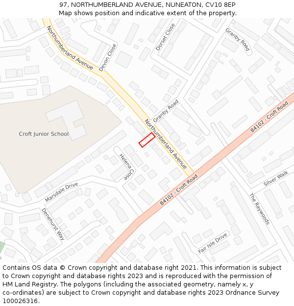 97, NORTHUMBERLAND AVENUE, NUNEATON, CV10 8EP: Location map and indicative extent of plot