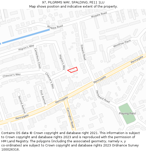 97, PILGRIMS WAY, SPALDING, PE11 1LU: Location map and indicative extent of plot