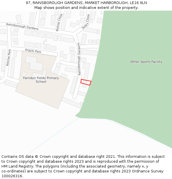 97, RAINSBOROUGH GARDENS, MARKET HARBOROUGH, LE16 9LN: Location map and indicative extent of plot