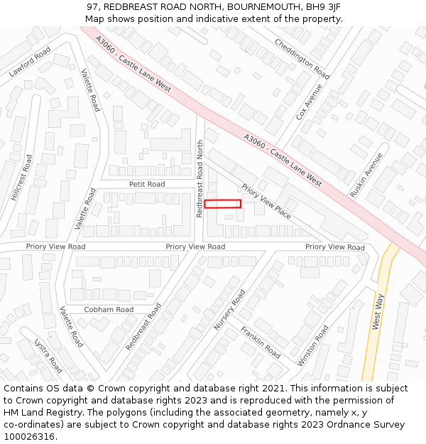 97, REDBREAST ROAD NORTH, BOURNEMOUTH, BH9 3JF: Location map and indicative extent of plot
