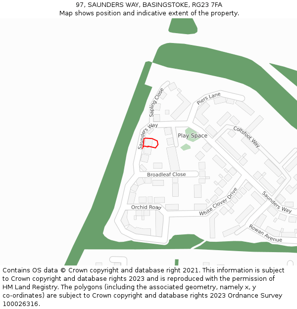 97, SAUNDERS WAY, BASINGSTOKE, RG23 7FA: Location map and indicative extent of plot