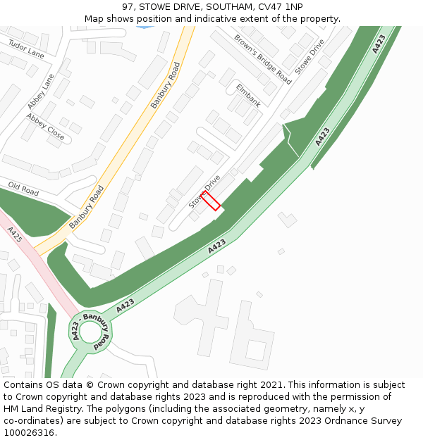 97, STOWE DRIVE, SOUTHAM, CV47 1NP: Location map and indicative extent of plot