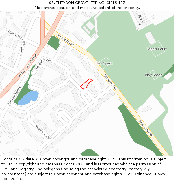 97, THEYDON GROVE, EPPING, CM16 4PZ: Location map and indicative extent of plot