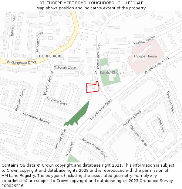 97, THORPE ACRE ROAD, LOUGHBOROUGH, LE11 4LF: Location map and indicative extent of plot