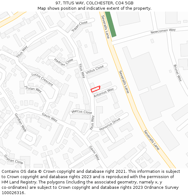 97, TITUS WAY, COLCHESTER, CO4 5GB: Location map and indicative extent of plot
