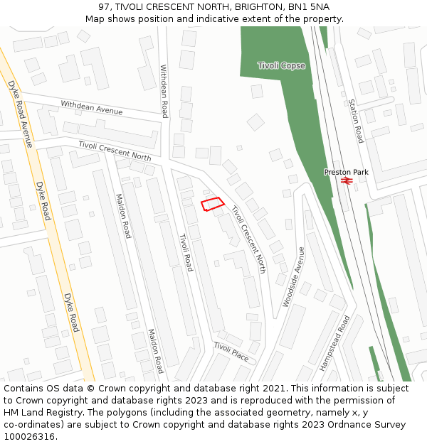 97, TIVOLI CRESCENT NORTH, BRIGHTON, BN1 5NA: Location map and indicative extent of plot