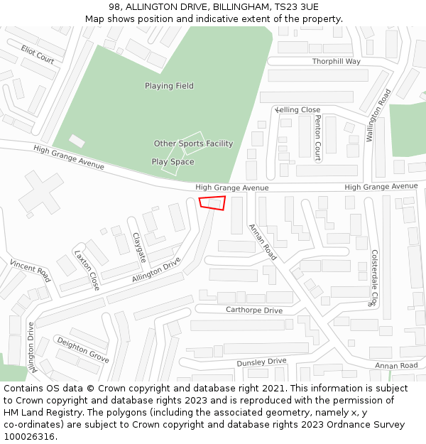 98, ALLINGTON DRIVE, BILLINGHAM, TS23 3UE: Location map and indicative extent of plot