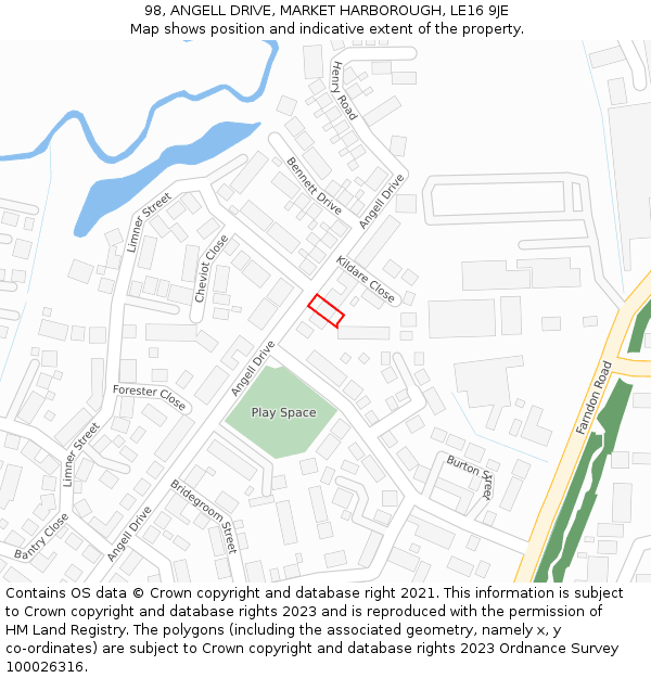 98, ANGELL DRIVE, MARKET HARBOROUGH, LE16 9JE: Location map and indicative extent of plot