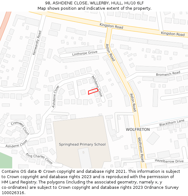98, ASHDENE CLOSE, WILLERBY, HULL, HU10 6LF: Location map and indicative extent of plot