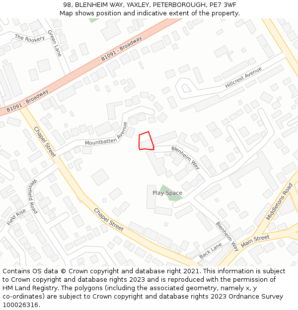 98, BLENHEIM WAY, YAXLEY, PETERBOROUGH, PE7 3WF: Location map and indicative extent of plot