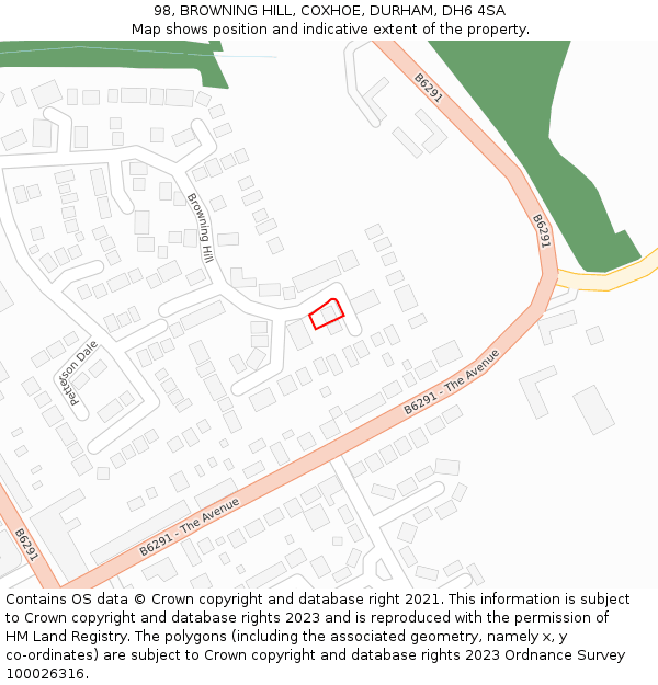 98, BROWNING HILL, COXHOE, DURHAM, DH6 4SA: Location map and indicative extent of plot
