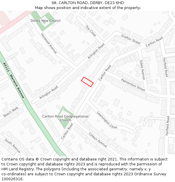 98, CARLTON ROAD, DERBY, DE23 6HD: Location map and indicative extent of plot