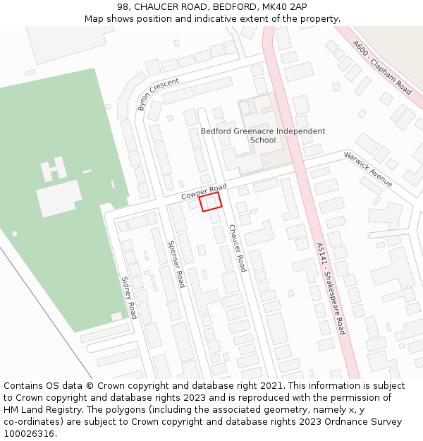 98, CHAUCER ROAD, BEDFORD, MK40 2AP: Location map and indicative extent of plot