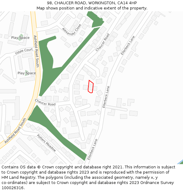 98, CHAUCER ROAD, WORKINGTON, CA14 4HP: Location map and indicative extent of plot