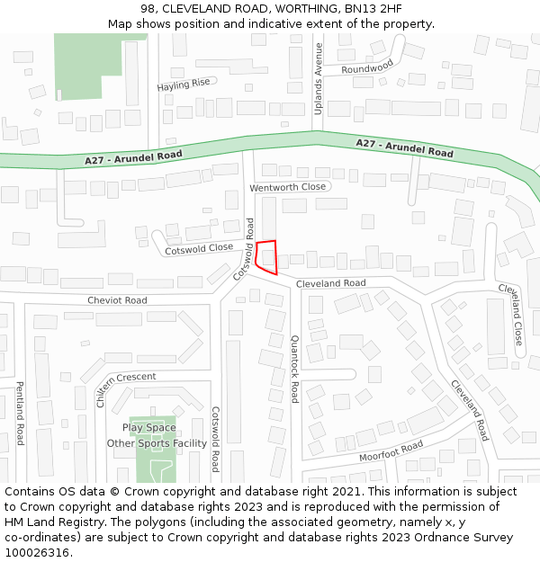 98, CLEVELAND ROAD, WORTHING, BN13 2HF: Location map and indicative extent of plot