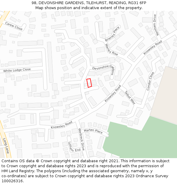 98, DEVONSHIRE GARDENS, TILEHURST, READING, RG31 6FP: Location map and indicative extent of plot