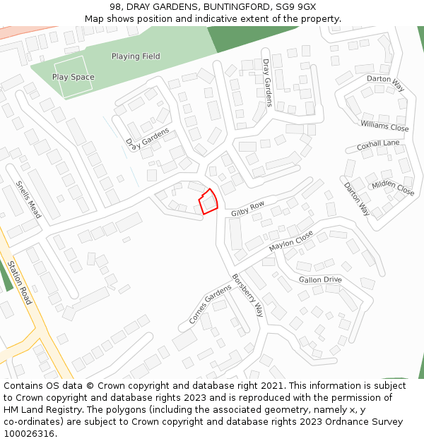 98, DRAY GARDENS, BUNTINGFORD, SG9 9GX: Location map and indicative extent of plot