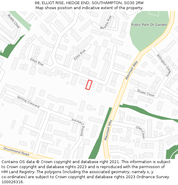 98, ELLIOT RISE, HEDGE END, SOUTHAMPTON, SO30 2RW: Location map and indicative extent of plot