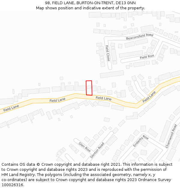 98, FIELD LANE, BURTON-ON-TRENT, DE13 0NN: Location map and indicative extent of plot
