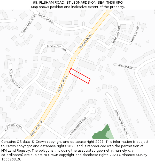 98, FILSHAM ROAD, ST LEONARDS-ON-SEA, TN38 0PG: Location map and indicative extent of plot