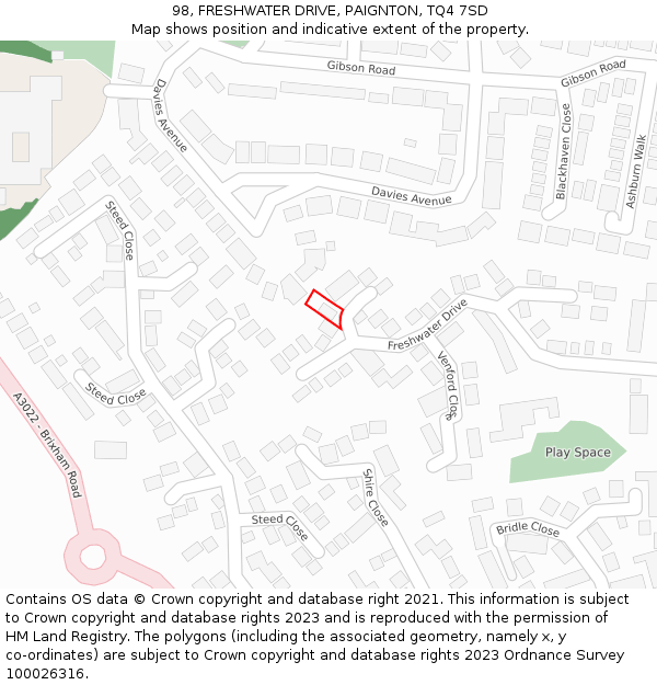 98, FRESHWATER DRIVE, PAIGNTON, TQ4 7SD: Location map and indicative extent of plot
