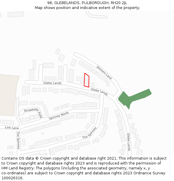 98, GLEBELANDS, PULBOROUGH, RH20 2JL: Location map and indicative extent of plot