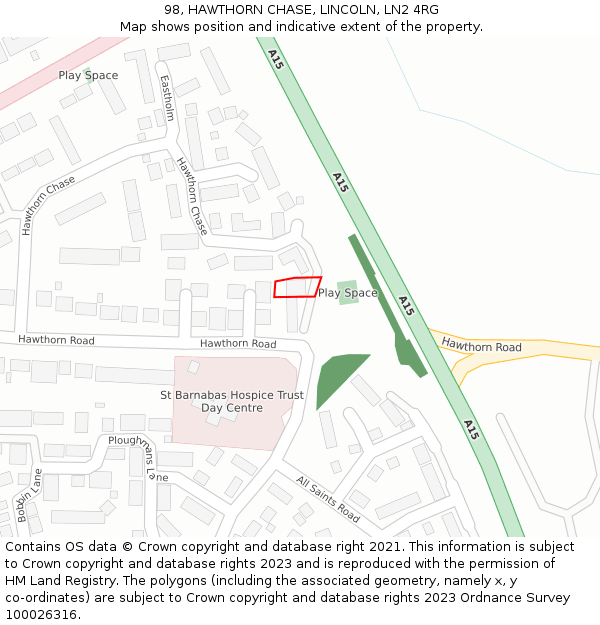 98, HAWTHORN CHASE, LINCOLN, LN2 4RG: Location map and indicative extent of plot