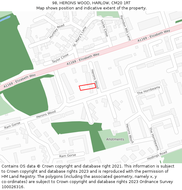 98, HERONS WOOD, HARLOW, CM20 1RT: Location map and indicative extent of plot