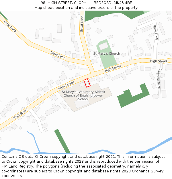98, HIGH STREET, CLOPHILL, BEDFORD, MK45 4BE: Location map and indicative extent of plot