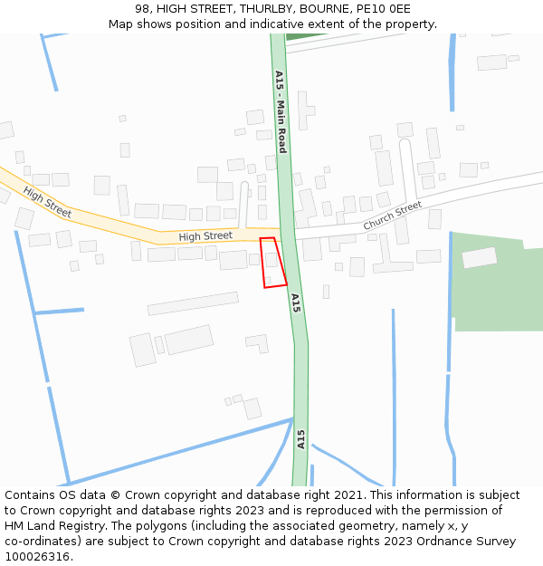 98, HIGH STREET, THURLBY, BOURNE, PE10 0EE: Location map and indicative extent of plot