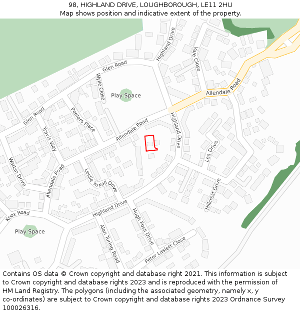 98, HIGHLAND DRIVE, LOUGHBOROUGH, LE11 2HU: Location map and indicative extent of plot