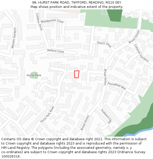 98, HURST PARK ROAD, TWYFORD, READING, RG10 0EY: Location map and indicative extent of plot