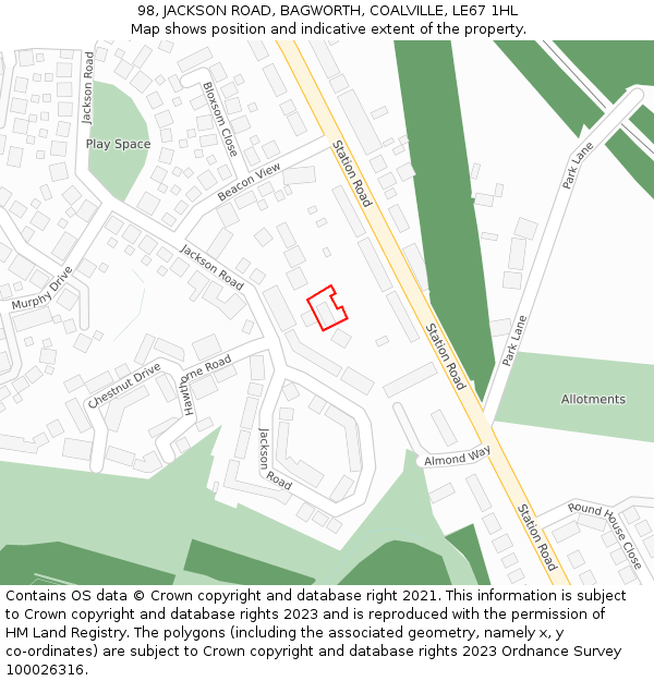98, JACKSON ROAD, BAGWORTH, COALVILLE, LE67 1HL: Location map and indicative extent of plot