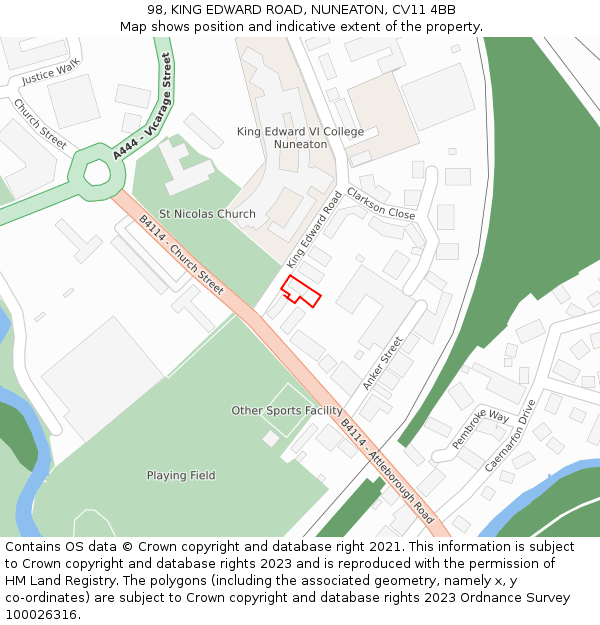 98, KING EDWARD ROAD, NUNEATON, CV11 4BB: Location map and indicative extent of plot