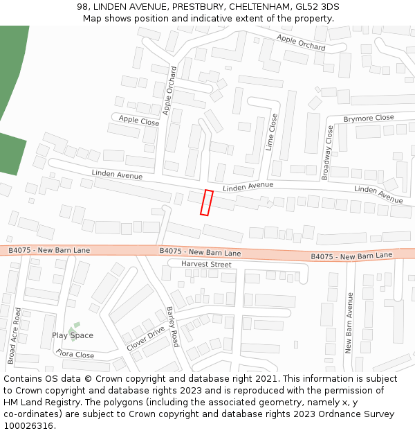 98, LINDEN AVENUE, PRESTBURY, CHELTENHAM, GL52 3DS: Location map and indicative extent of plot