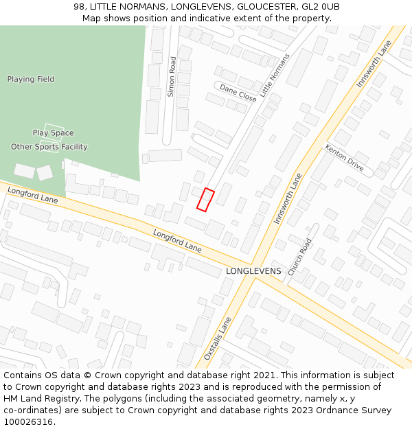 98, LITTLE NORMANS, LONGLEVENS, GLOUCESTER, GL2 0UB: Location map and indicative extent of plot