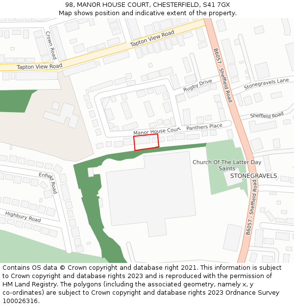 98, MANOR HOUSE COURT, CHESTERFIELD, S41 7GX: Location map and indicative extent of plot