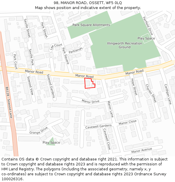 98, MANOR ROAD, OSSETT, WF5 0LQ: Location map and indicative extent of plot