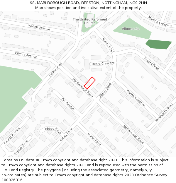 98, MARLBOROUGH ROAD, BEESTON, NOTTINGHAM, NG9 2HN: Location map and indicative extent of plot