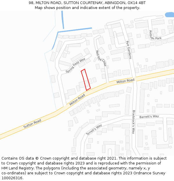 98, MILTON ROAD, SUTTON COURTENAY, ABINGDON, OX14 4BT: Location map and indicative extent of plot