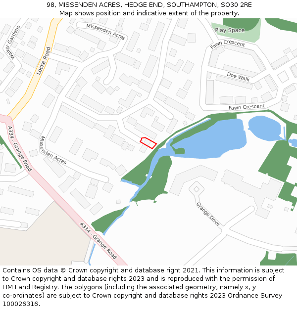 98, MISSENDEN ACRES, HEDGE END, SOUTHAMPTON, SO30 2RE: Location map and indicative extent of plot