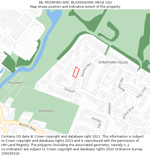 98, MOORHEN WAY, BUCKINGHAM, MK18 1GU: Location map and indicative extent of plot