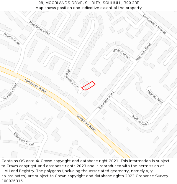 98, MOORLANDS DRIVE, SHIRLEY, SOLIHULL, B90 3RE: Location map and indicative extent of plot