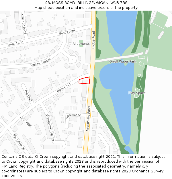 98, MOSS ROAD, BILLINGE, WIGAN, WN5 7BS: Location map and indicative extent of plot