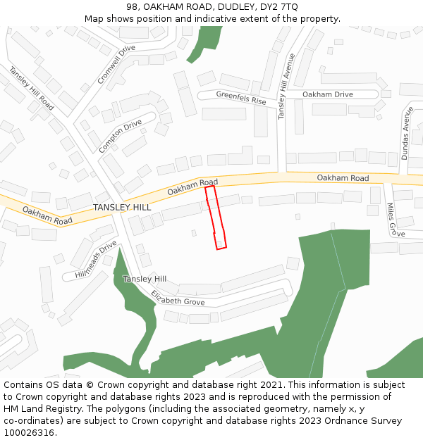 98, OAKHAM ROAD, DUDLEY, DY2 7TQ: Location map and indicative extent of plot