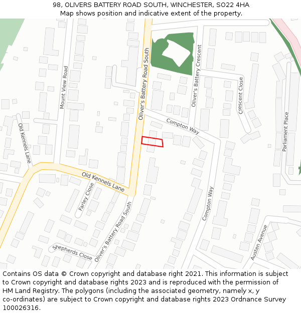 98, OLIVERS BATTERY ROAD SOUTH, WINCHESTER, SO22 4HA: Location map and indicative extent of plot
