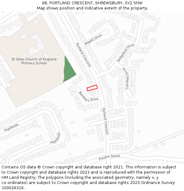 98, PORTLAND CRESCENT, SHREWSBURY, SY2 5NW: Location map and indicative extent of plot