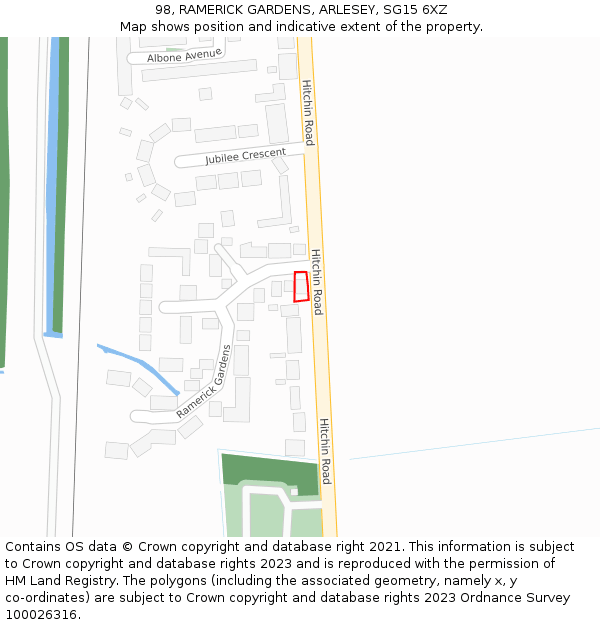 98, RAMERICK GARDENS, ARLESEY, SG15 6XZ: Location map and indicative extent of plot