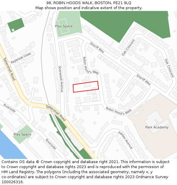 98, ROBIN HOODS WALK, BOSTON, PE21 9LQ: Location map and indicative extent of plot